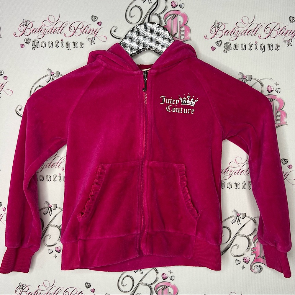 Juicy Couture Sweater Zip Up Pink Rhinestone Bling Sparkly Silver Logo Back